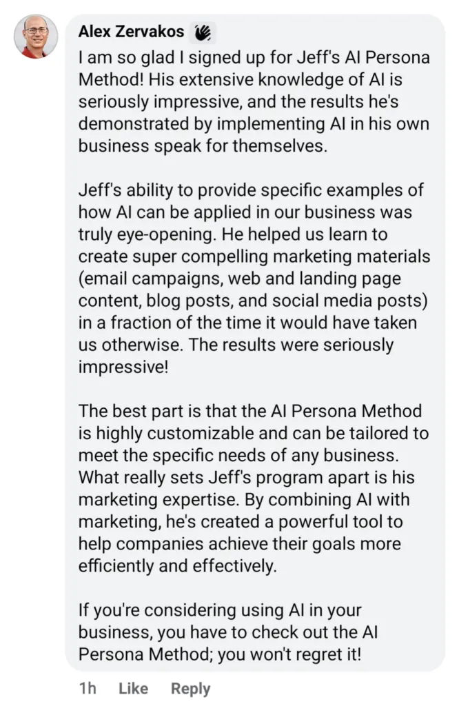Alex Zervakos testimonial · AI Persona Method
