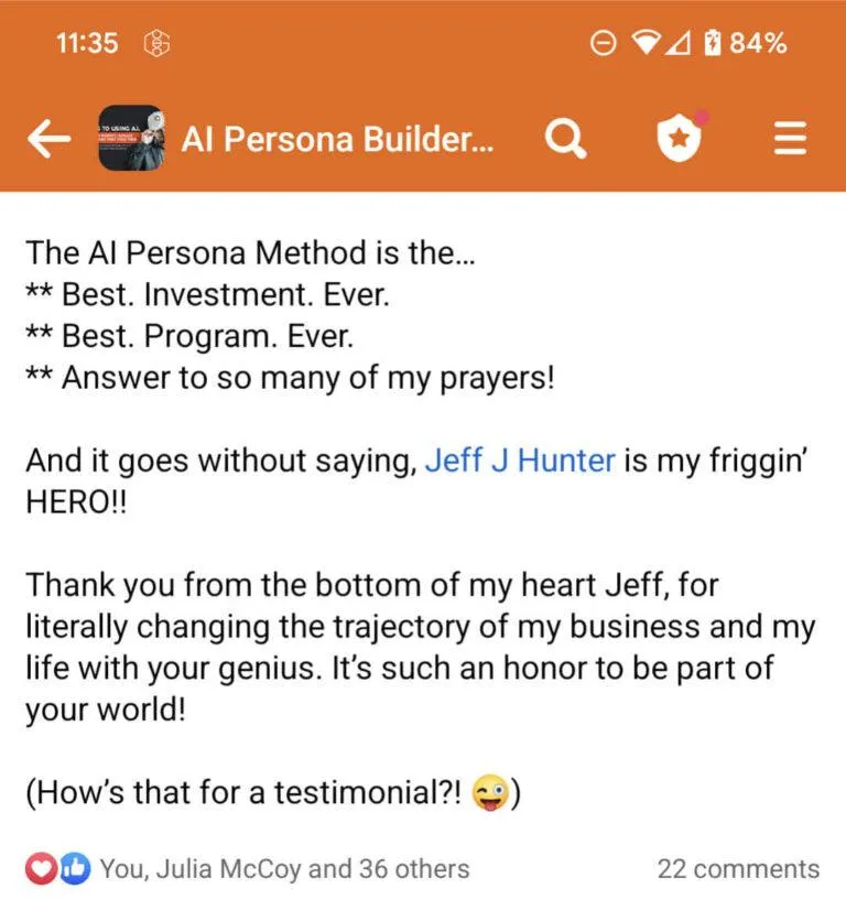 Best investment ever testimonial · AI Persona Method