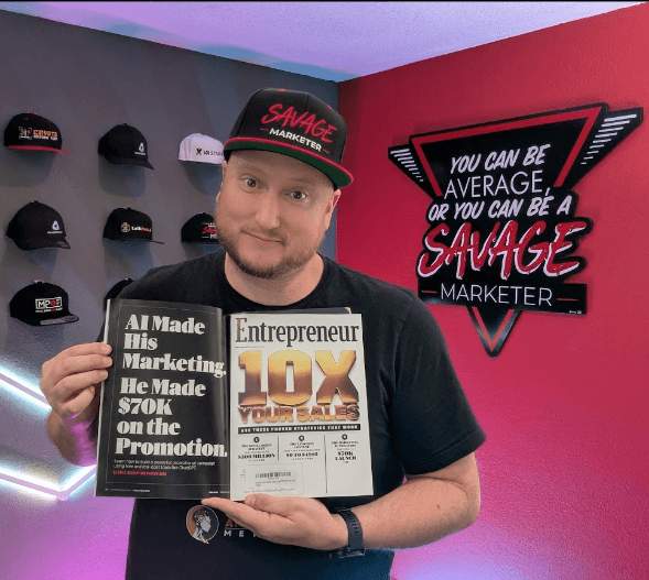 Jeff J Hunter holding the Entrepreneur Magazine feature: AI Made His Marketing, He Made $70K on the Promotion